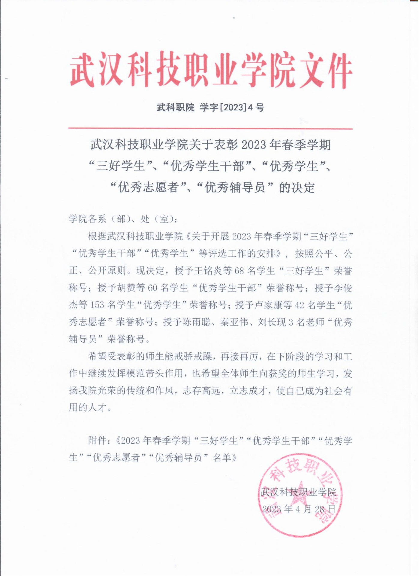 关于表彰我院2023年春季学期“三好学生”、“优秀学生干部”、“优秀学生”、“优秀志愿者”、“优秀辅导员”的决定